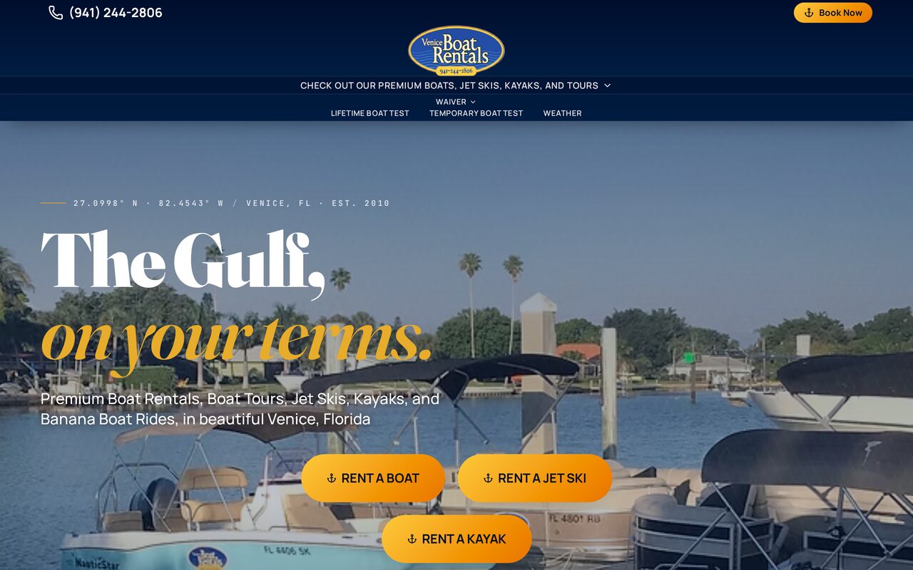 Venice Boat Rental website — pontoon rentals and sunset cruises