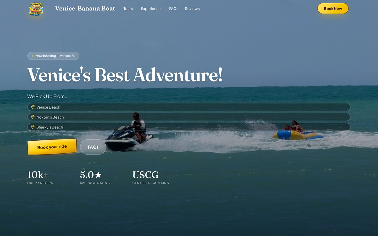 Venice Banana Boat website — banana boat rides on the Gulf of Mexico