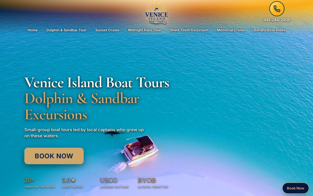Venice Island Boat Tours website — dolphin and sandbar excursions